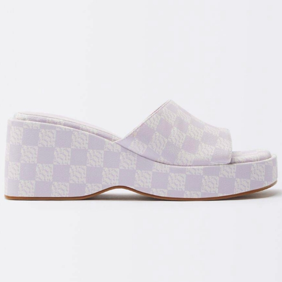 ASOS Bershka Checkerboard Wedge Mule Platform Sandals Slides Shoes Lilac Size 8 - Picture 3 of 7